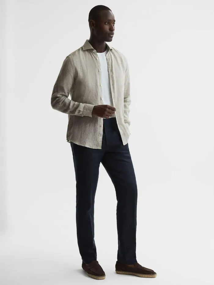 Men Reiss Shirts Ruban Linen ButtonThrough Shirt Stone Melange