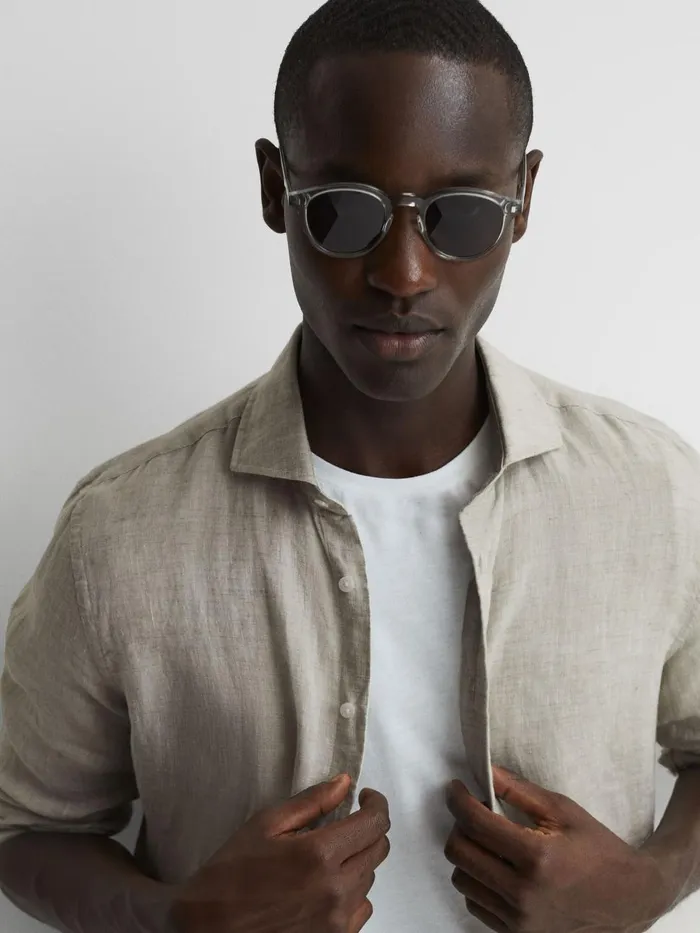 Men Reiss Shirts Ruban Linen ButtonThrough Shirt Stone Melange