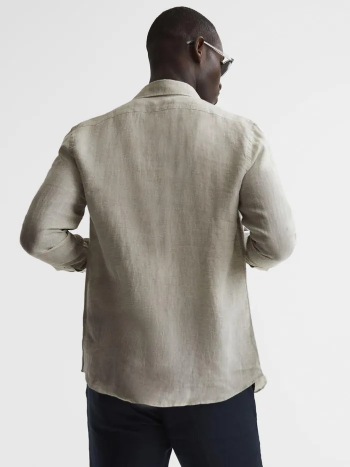 Men Reiss Shirts Ruban Linen ButtonThrough Shirt Stone Melange