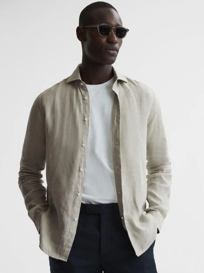 Men Reiss Shirts Ruban Linen ButtonThrough Shirt Stone Melange