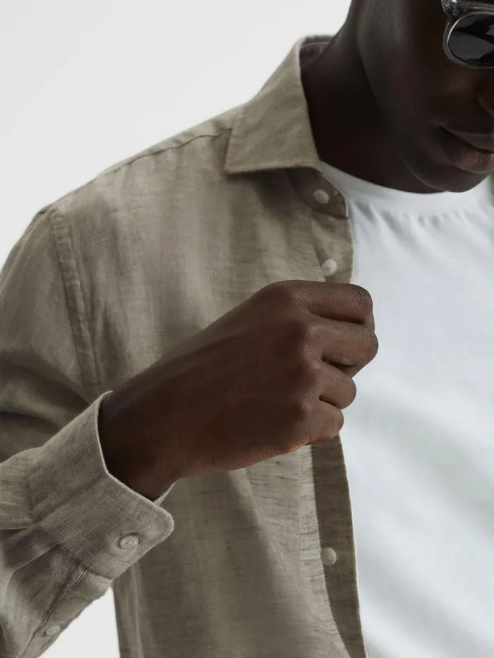 Men Reiss Shirts Ruban Linen ButtonThrough Shirt Stone Melange