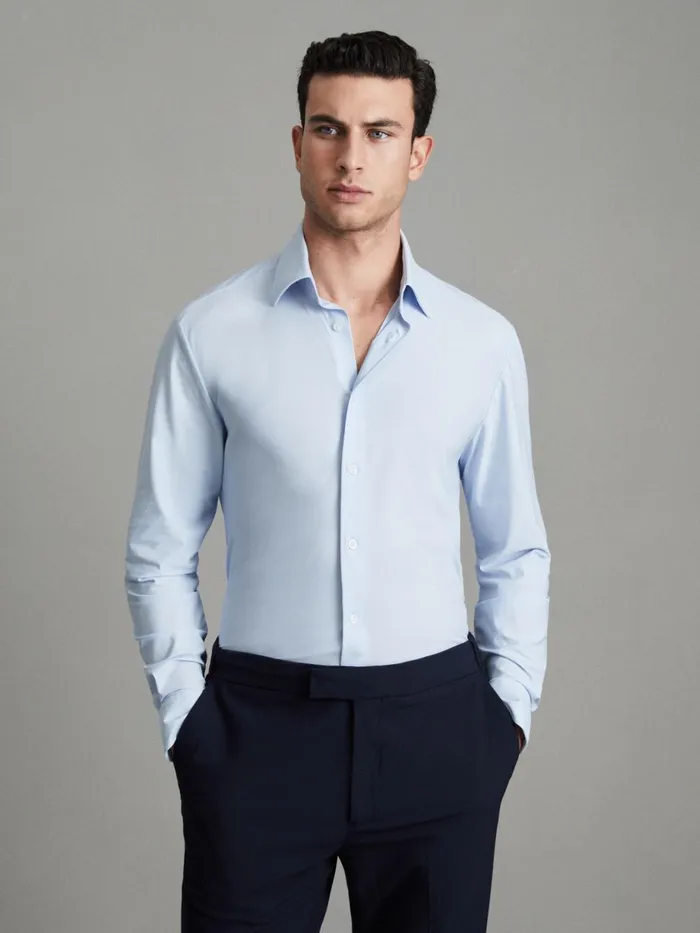 Men Reiss Shirts Voyager Slim Fit ButtonThrough Travel Shirt Soft Blue