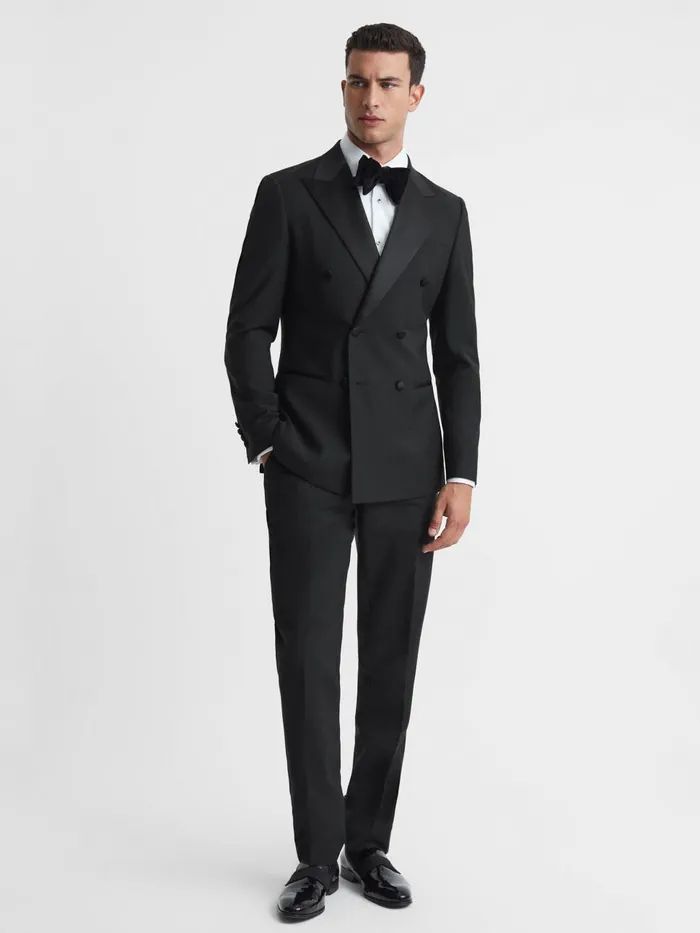 Men Reiss Suits and Tailoring Poker Modern Fit Double Breasted Tuxedo Jacket Black