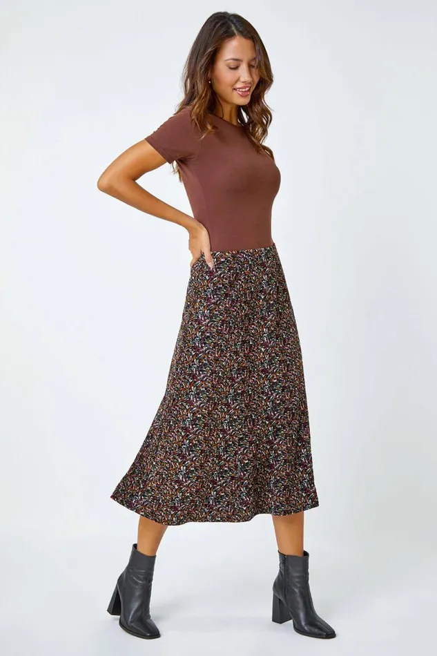 Multi Textured Abstract Print Stretch A Line Skirt Women Roman Skirts