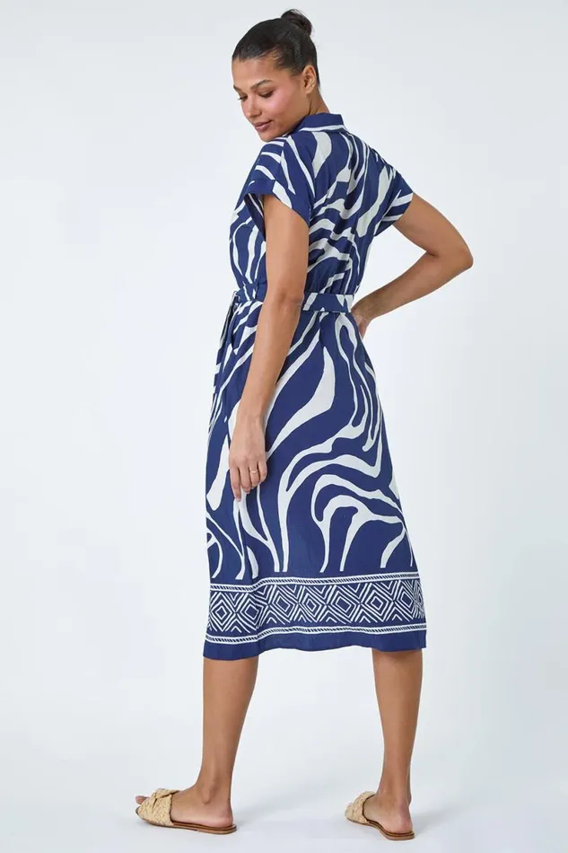 Navy Animal Border Print Pocket Midi Dress Women Roman Dresses