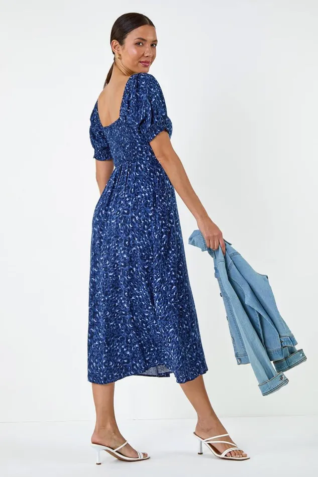 Navy Animal Print Ruched Puff Sleeve Midi Dress Women Roman Dresses