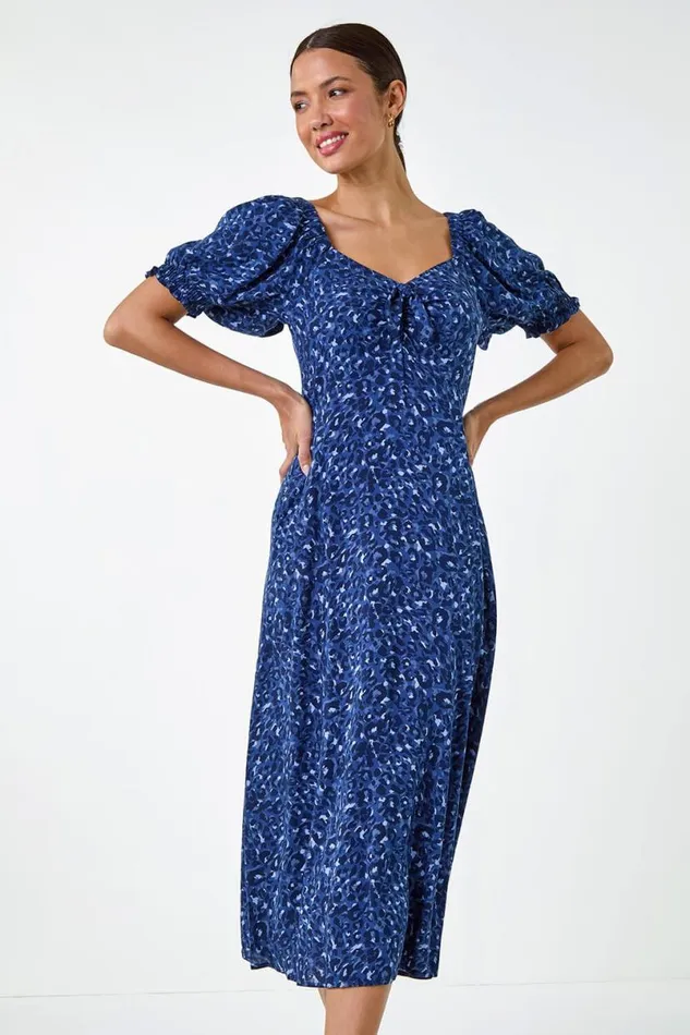Navy Animal Print Ruched Puff Sleeve Midi Dress Women Roman Dresses