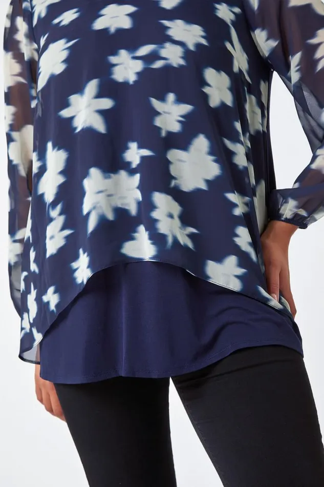 Navy Curve Floral Chiffon Overlay Tunic Top Women Roman Tops