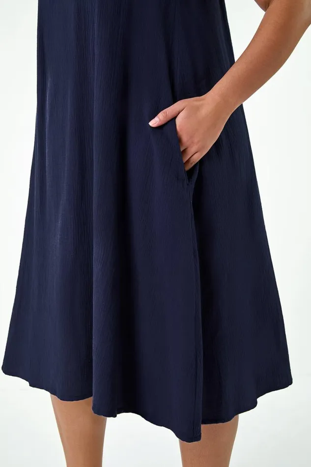 Navy Curve Strappy Cotton Pocket Dress Women Roman Dresses
