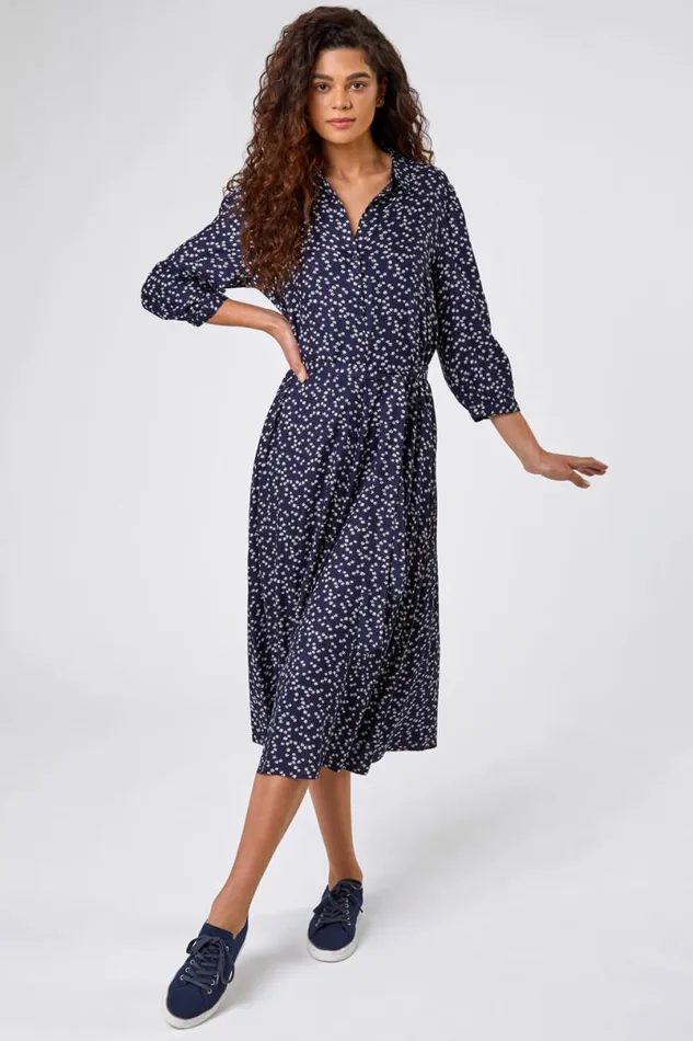 Navy Ditsy Floral Midi Shirt Dress Women Roman Dresses