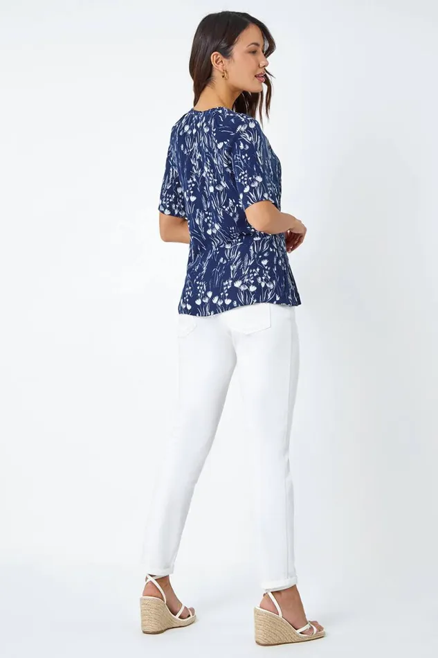 Navy Ditsy Print Crinkle Button Blouse Women Roman Tops