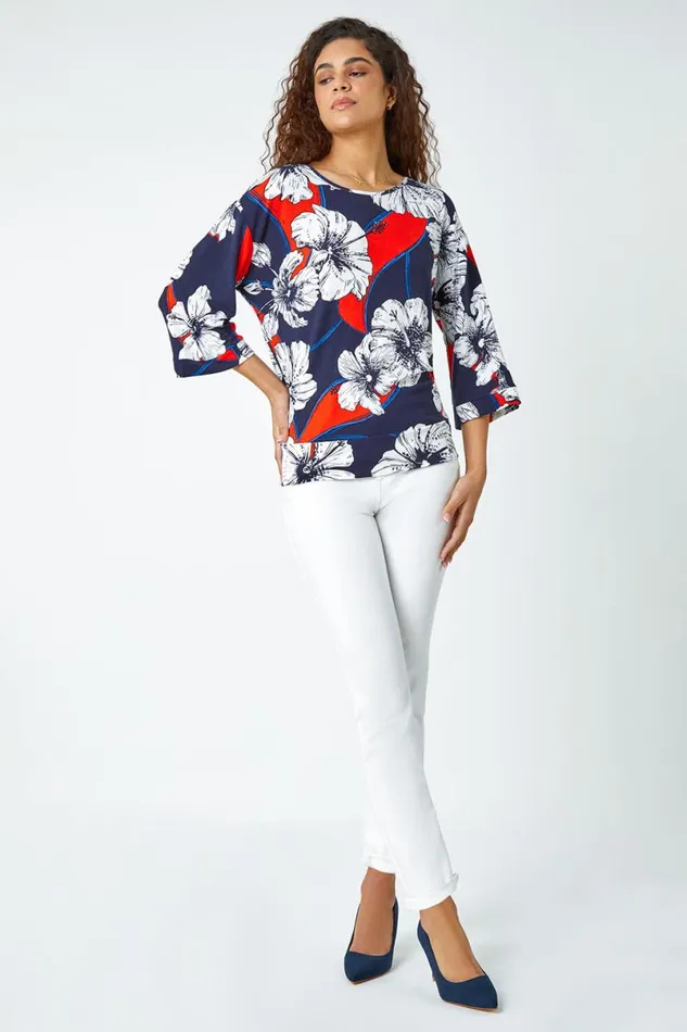 Navy Floral Stretch Blouson Hem Top Women Roman Tops