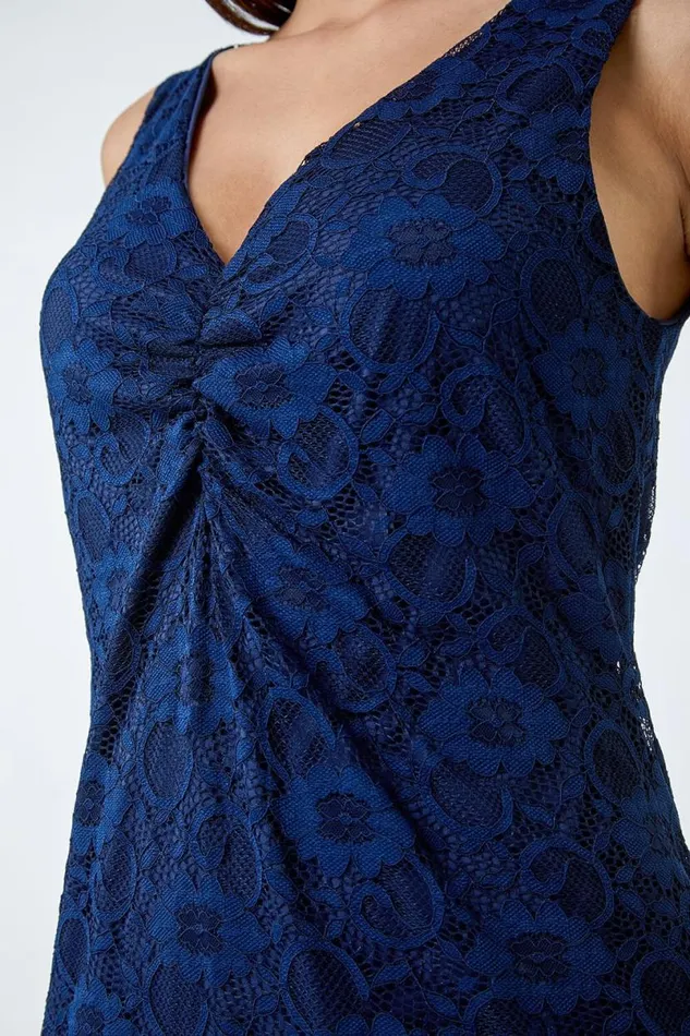 Navy Lace Twist Front Stretch Top Women Roman Tops