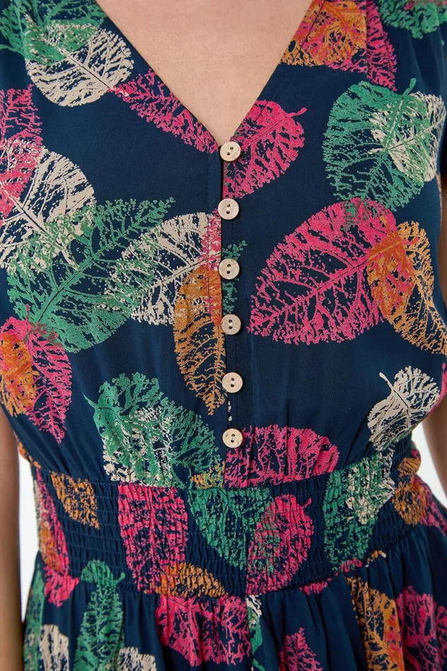 Navy Leaf Print Button Detail Dress Women Roman Dresses