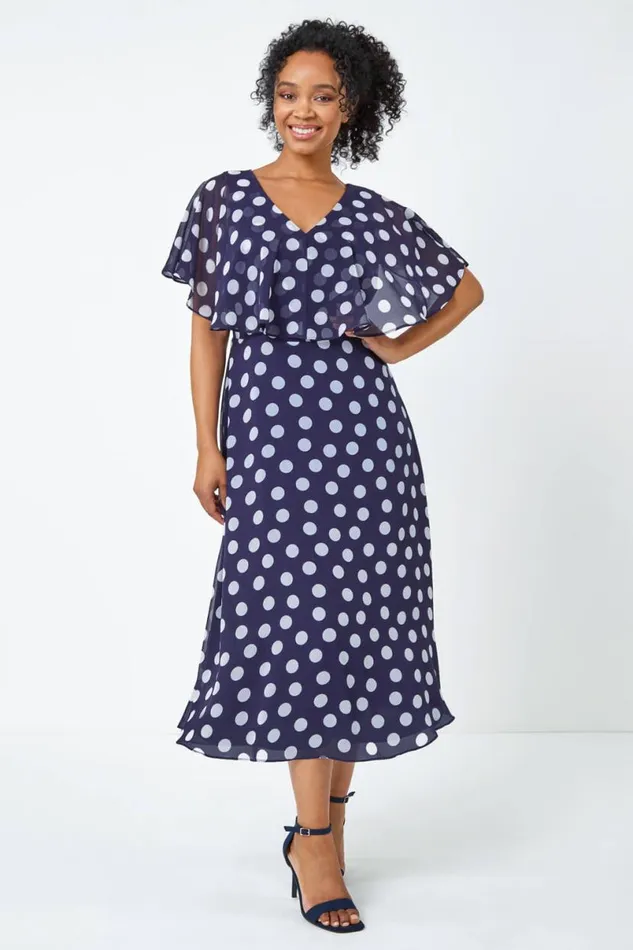 Navy Petite Chiffon Polka Dot Midi Dress Women Roman Dresses