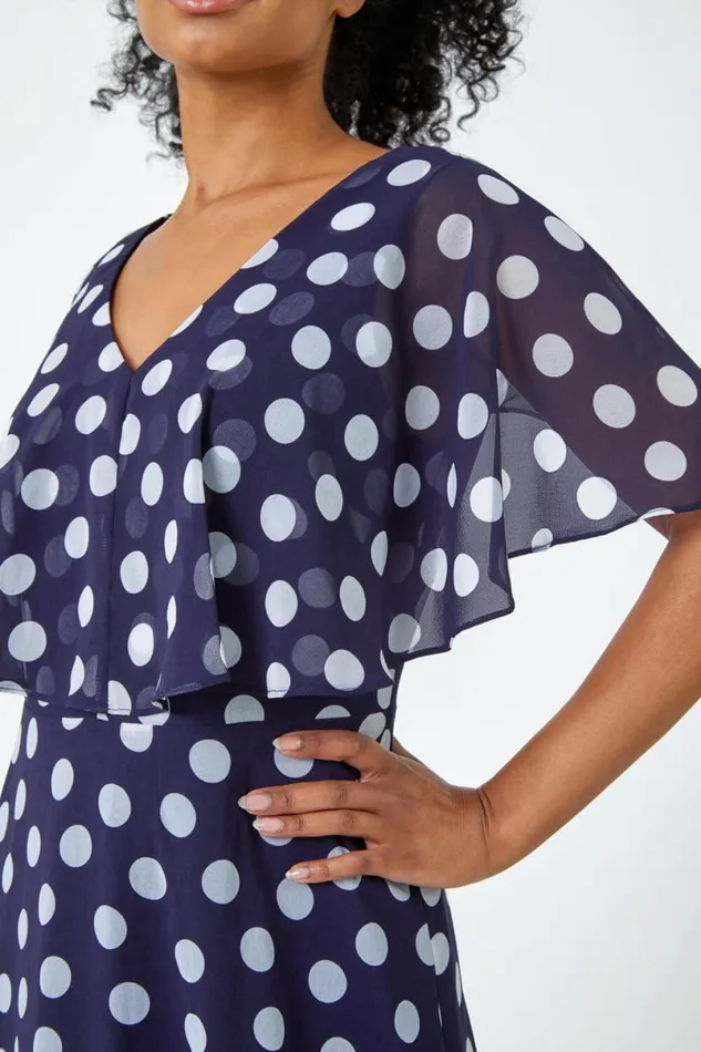 Navy Petite Chiffon Polka Dot Midi Dress Women Roman Dresses