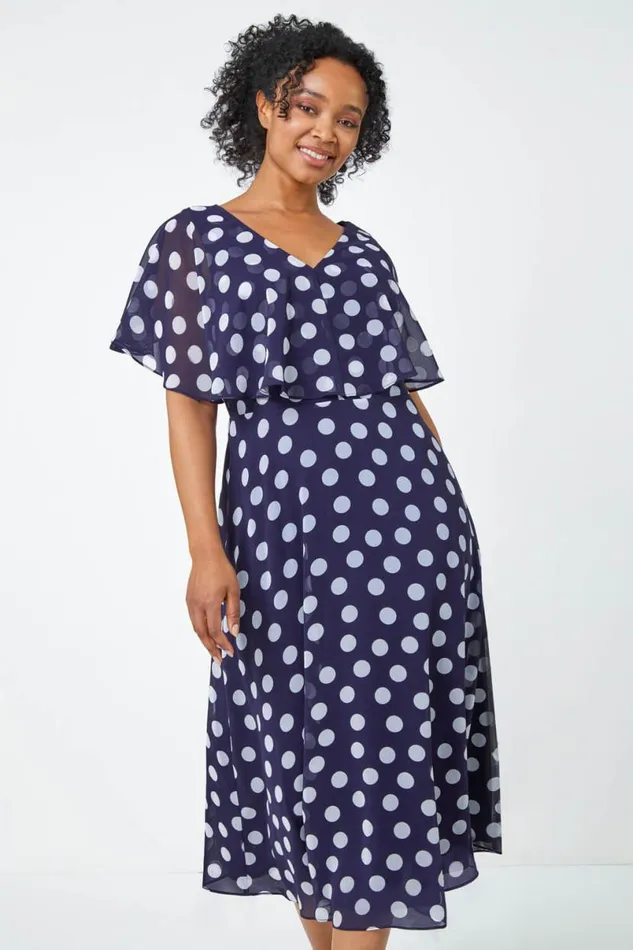 Navy Petite Chiffon Polka Dot Midi Dress Women Roman Dresses