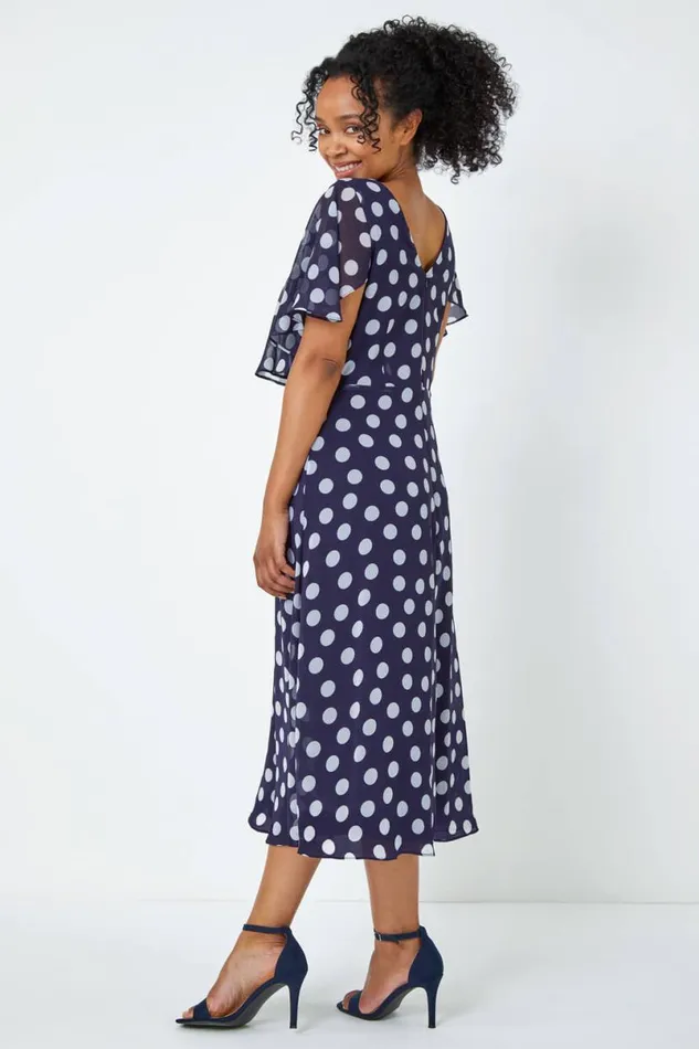 Navy Petite Chiffon Polka Dot Midi Dress Women Roman Dresses