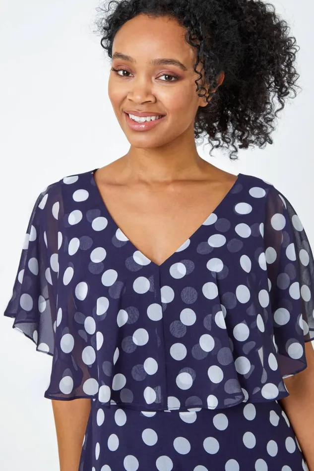Navy Petite Chiffon Polka Dot Midi Dress Women Roman Dresses