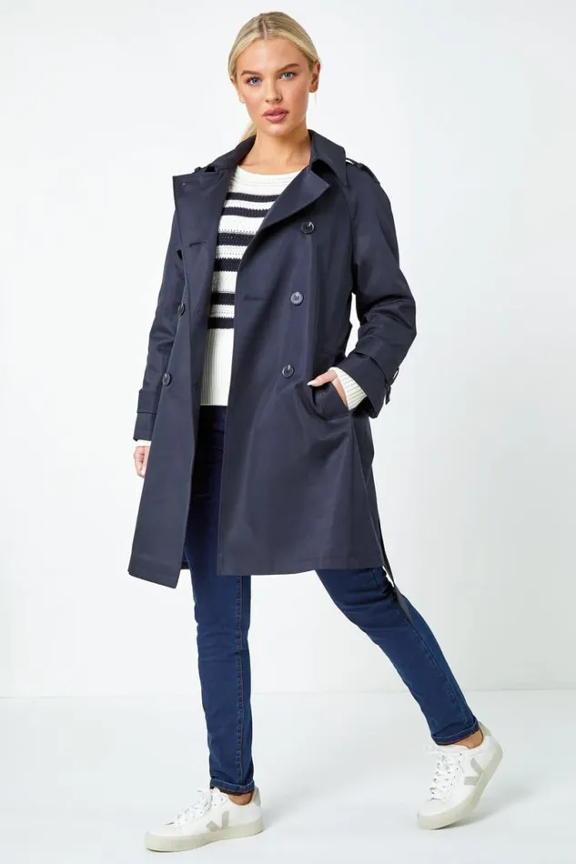 Navy Petite Double Breasted Trench Coat Women Roman Jackets