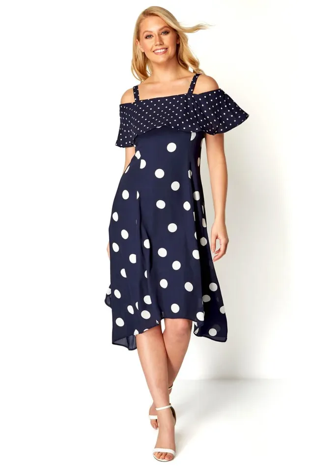 Navy Polka Dot Cold Shoulder Dress Women Roman Dresses
