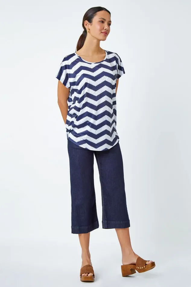 Navy Zig Zag Print Relaxed Top Women Roman Tops