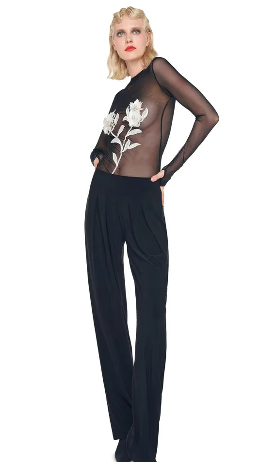 Norma Kamali Tops FLORAL EMBROIDERY TOP Blacksnow White 8211 Clothing