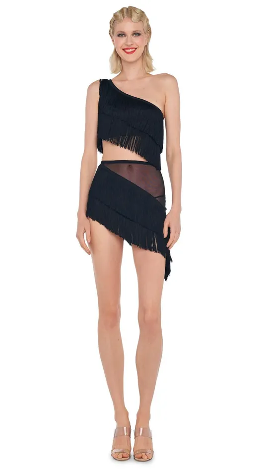 Norma Kamali Tops SPLICED ONE SHOULDER FRINGE TOP Black 8211 Clothing