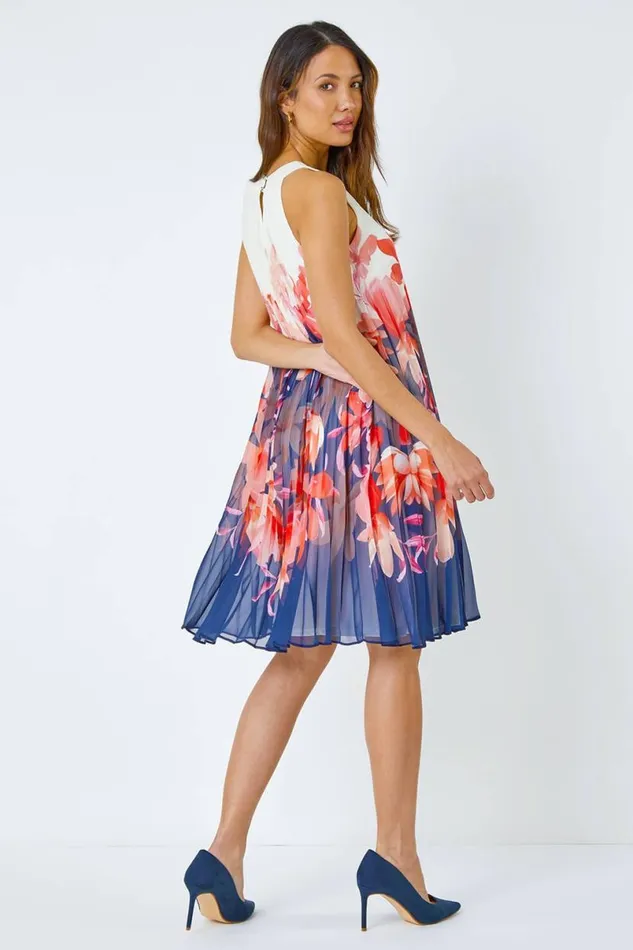 Orange Floral Print Pleated Swing Dress Women Roman Dresses