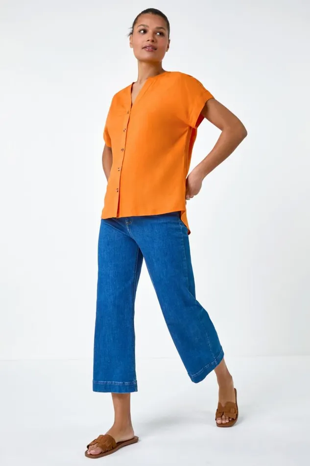 Orange Plain Button Through Relaxed VNeck Shirt Women Roman Tops