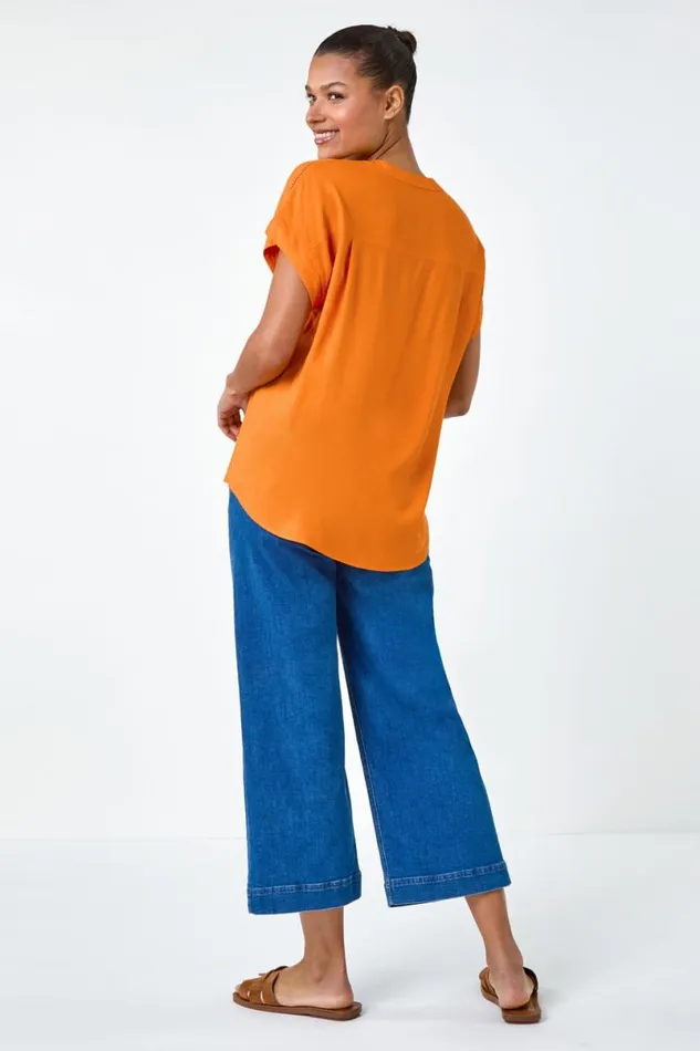 Orange Plain Button Through Relaxed VNeck Shirt Women Roman Tops