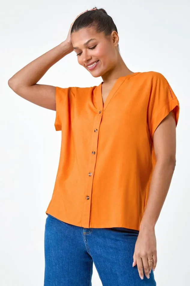 Orange Plain Button Through Relaxed VNeck Shirt Women Roman Tops
