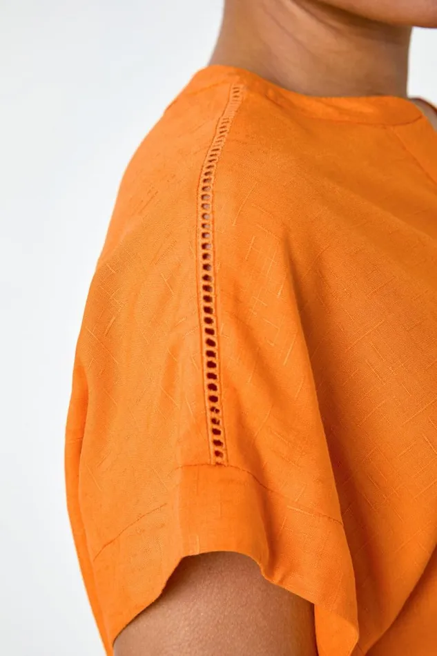 Orange Plain Button Through Relaxed VNeck Shirt Women Roman Tops