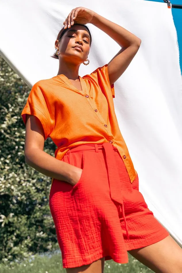Orange Plain Button Through Relaxed VNeck Shirt Women Roman Tops