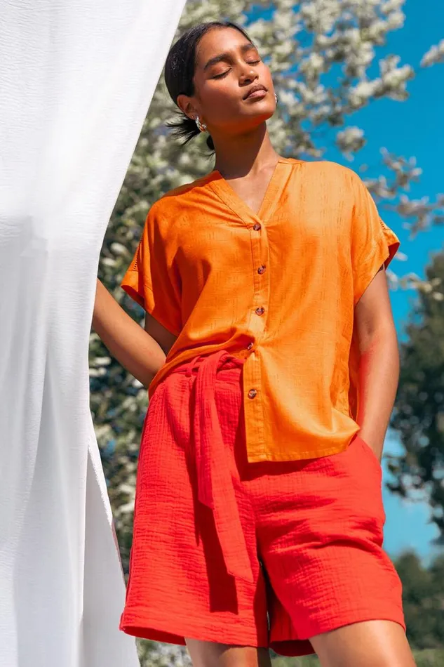 Orange Plain Button Through Relaxed VNeck Shirt Women Roman Tops