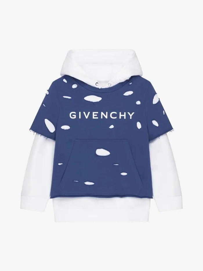 Overlapped Hoodie In Destroyed Fleece Mineral Blue Kids Givenchy