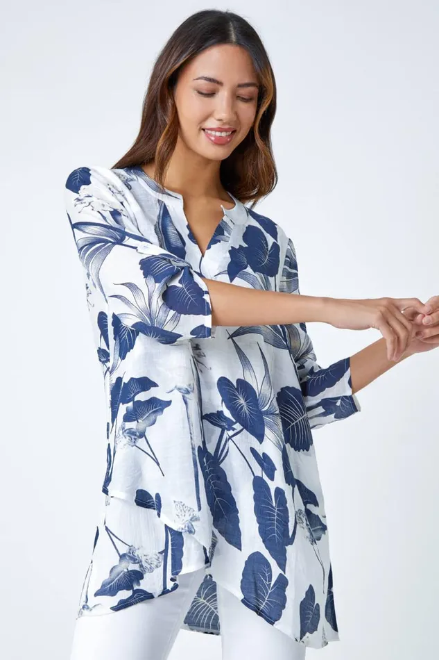 Palm Print VNeck Wrap Hem Tunic Top Women Roman Tops