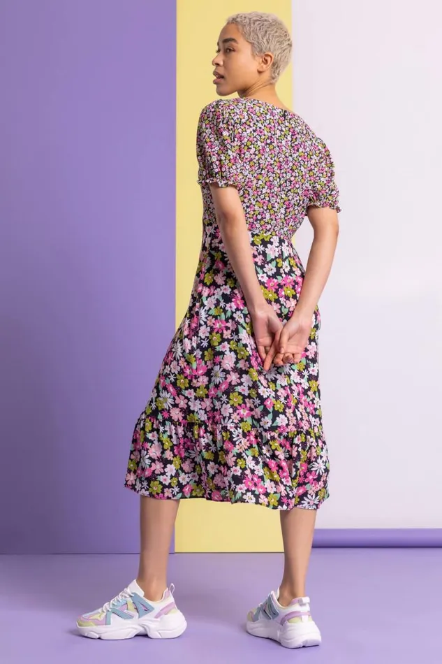 Pink Contrast Floral Print Tea Dress Women Roman Dresses