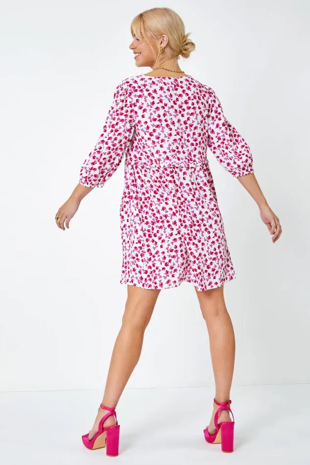 Pink Floral Print Frill Detail Smock Dress Women Roman Dresses