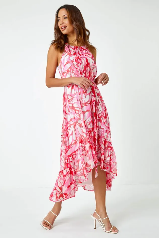 Pink Halterneck Butterfly Chiffon Asymmetric Dress Women Roman Dresses