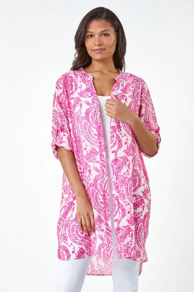 Pink Paisley Print Longline Blouse Women Roman Tops