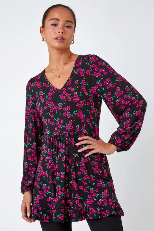 Pink Petite Floral Print Frill Hem Stretch Top Women Roman Tops