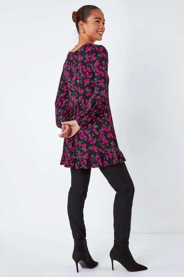 Pink Petite Floral Print Frill Hem Stretch Top Women Roman Tops