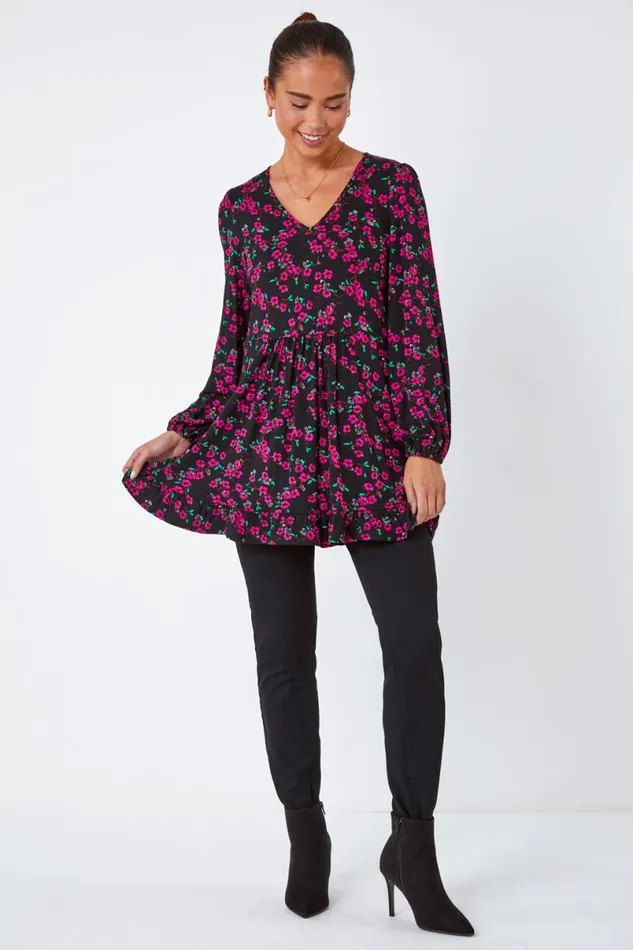 Pink Petite Floral Print Frill Hem Stretch Top Women Roman Tops