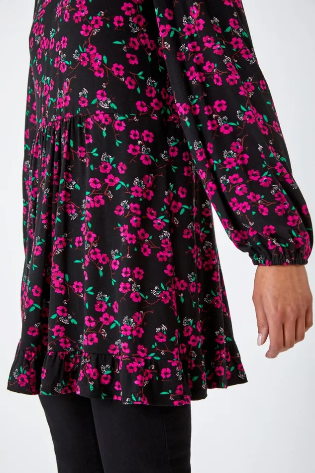 Pink Petite Floral Print Frill Hem Stretch Top Women Roman Tops