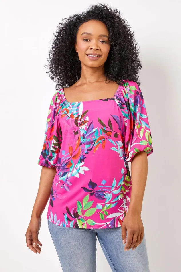Pink Petite Tropical Print Square Neck Top Women Roman Tops