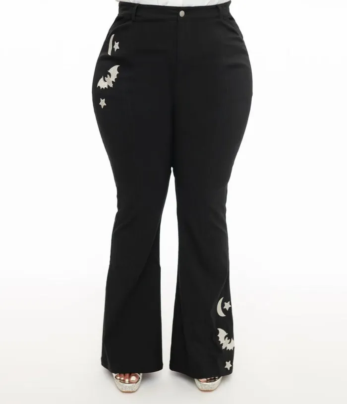 Plus Size 1970s Black and Silver Bats Flare Pants ClothingHalloweenPlus Unique Vintage Bottoms