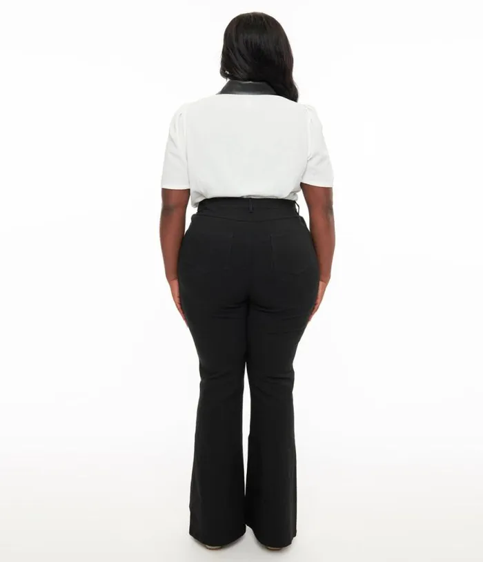 Plus Size 1970s Black and Silver Bats Flare Pants ClothingHalloweenPlus Unique Vintage Bottoms