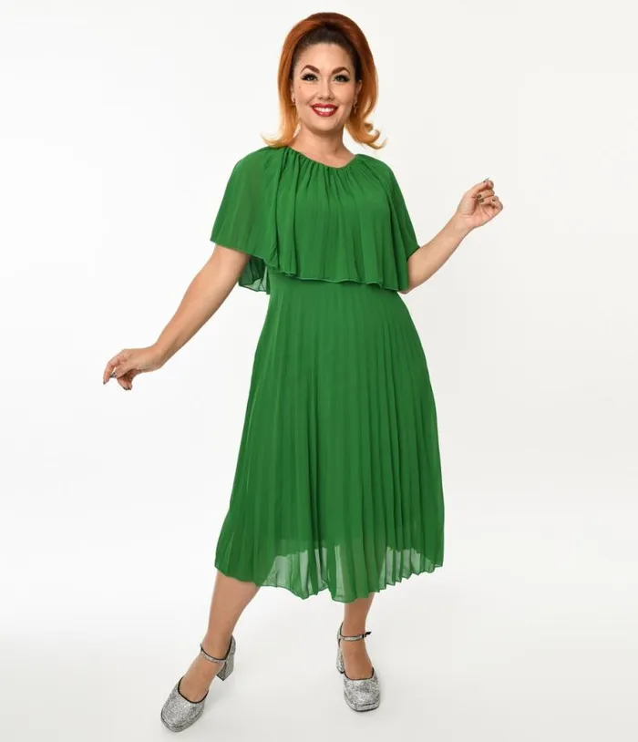 Plus Size Green Pleated Midi Dress Dresses Unique Vintage Midi