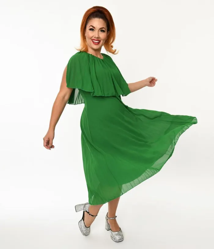 Plus Size Green Pleated Midi Dress Dresses Unique Vintage Midi